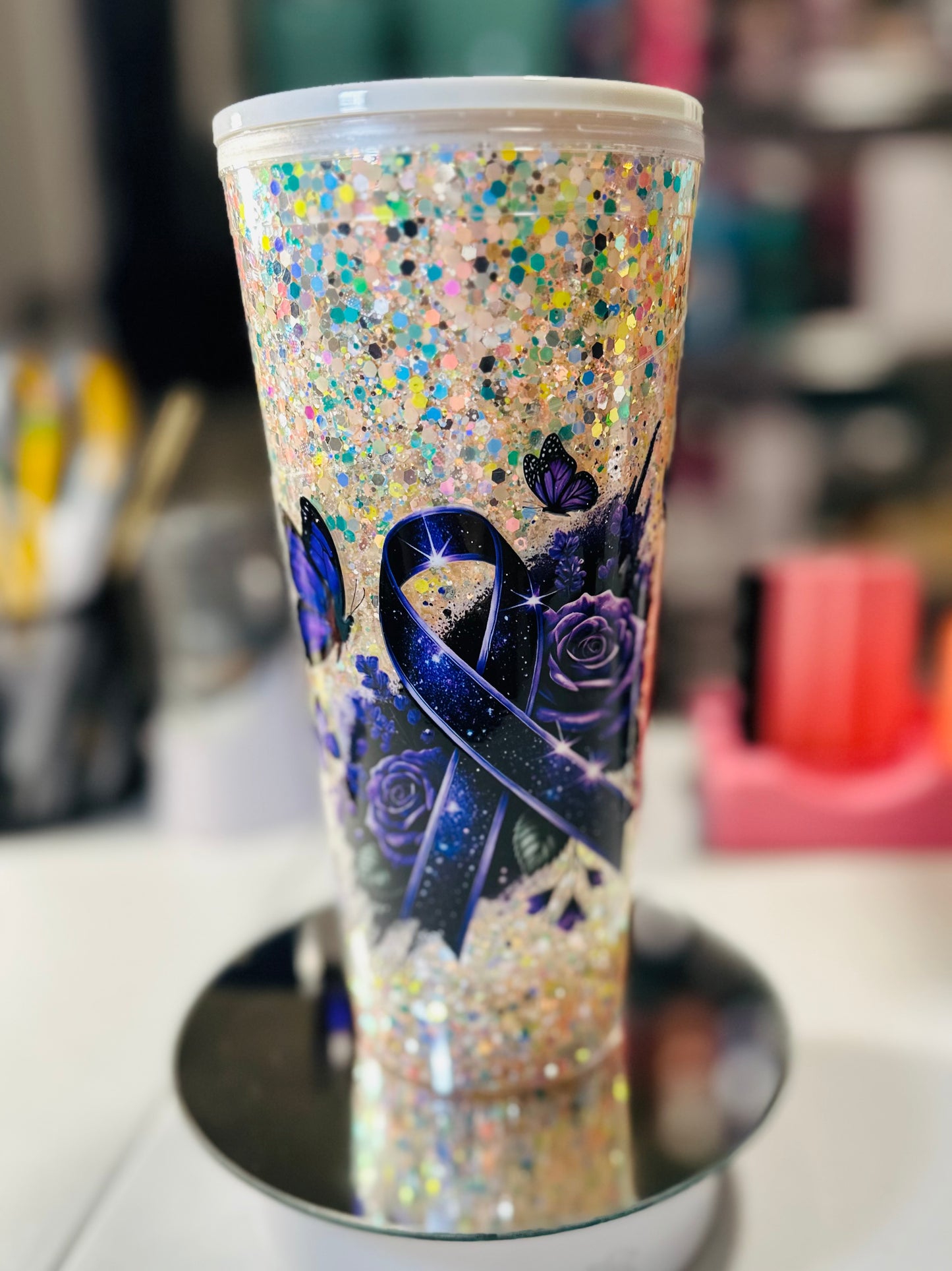 24oz Acrylic Snow Globe Purple Ribbon Cup