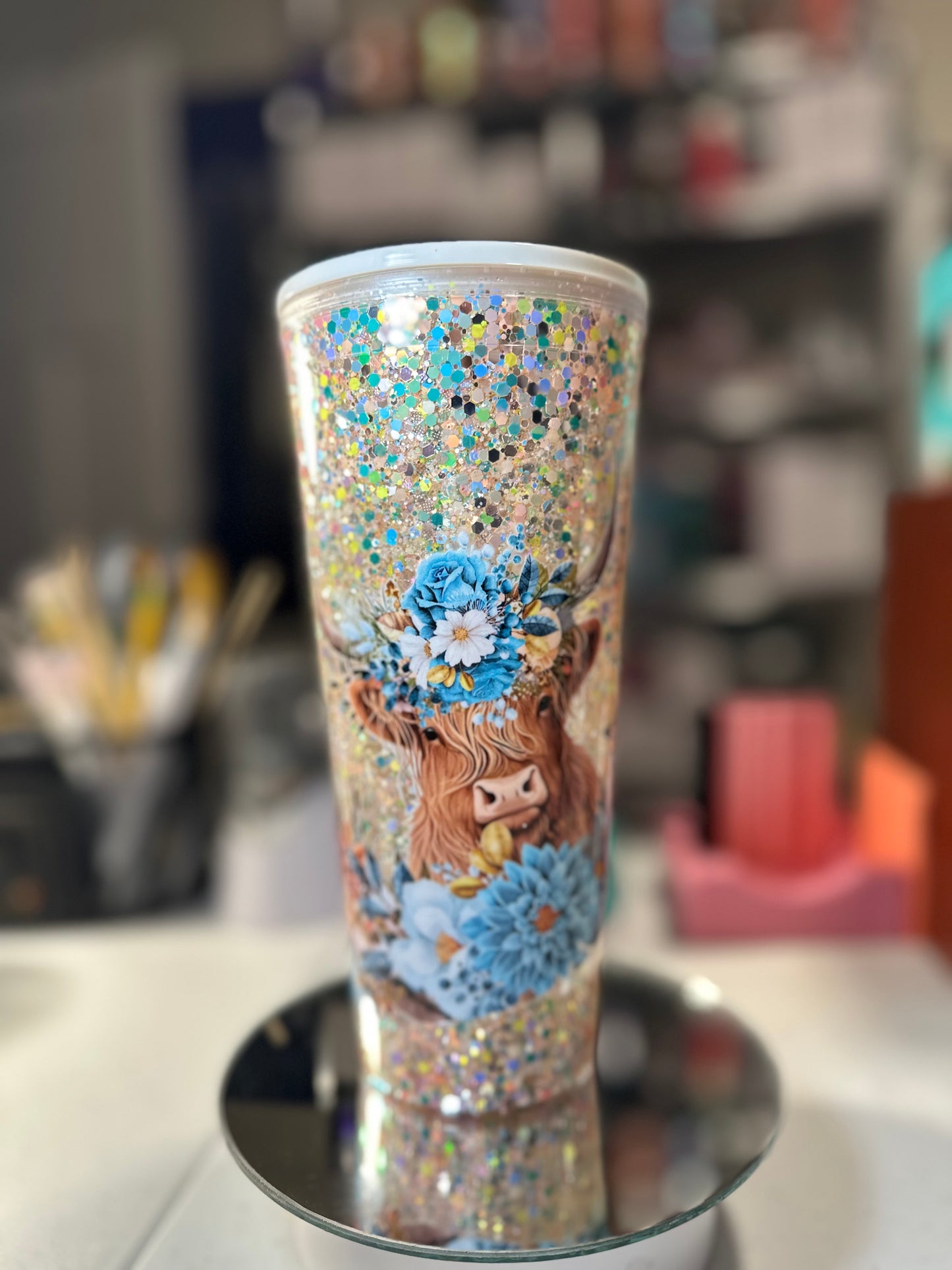 24oz Acrylic Snow Globe Blue Flowered Highland Cow