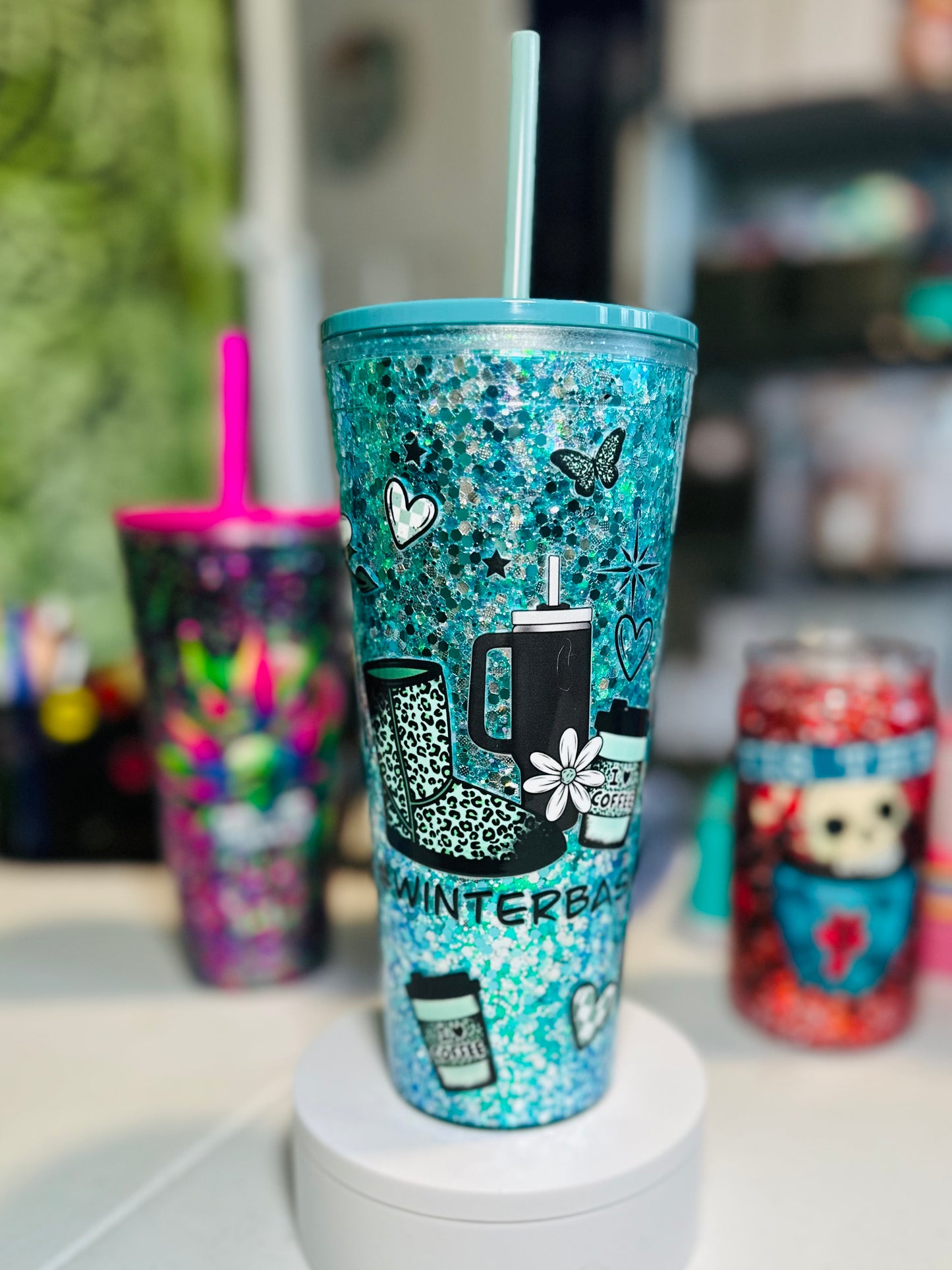 24oz Teal Winter Basic *Premade* Snow Globe Acrylic Cup