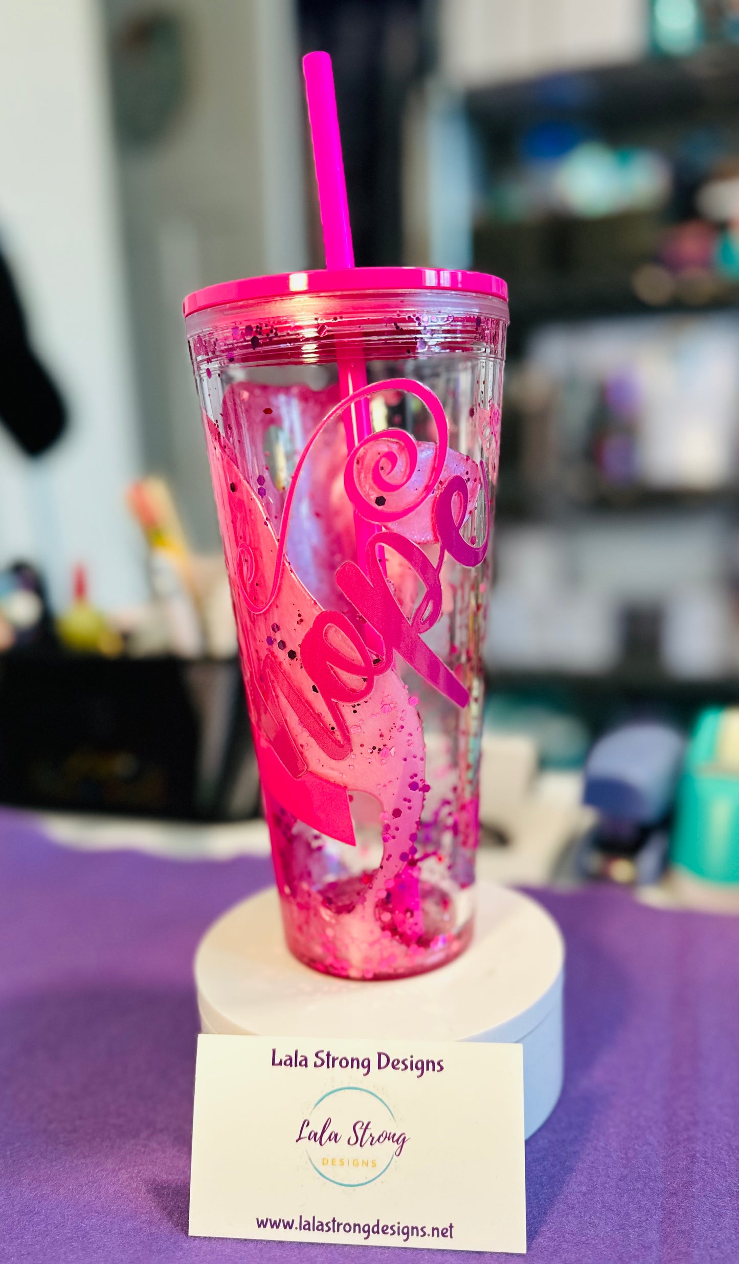 240Z ACRYLIC SNOW GLOBE TUMBLER- BREAST CANCER RIBBON